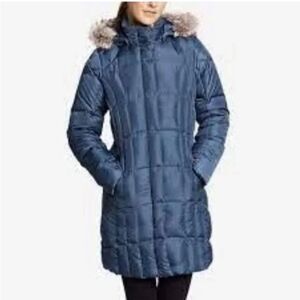 Eddie Bauer Womens 650 FP Faux Fur Lodge Down Parka Coat Jacket Blue Size XL